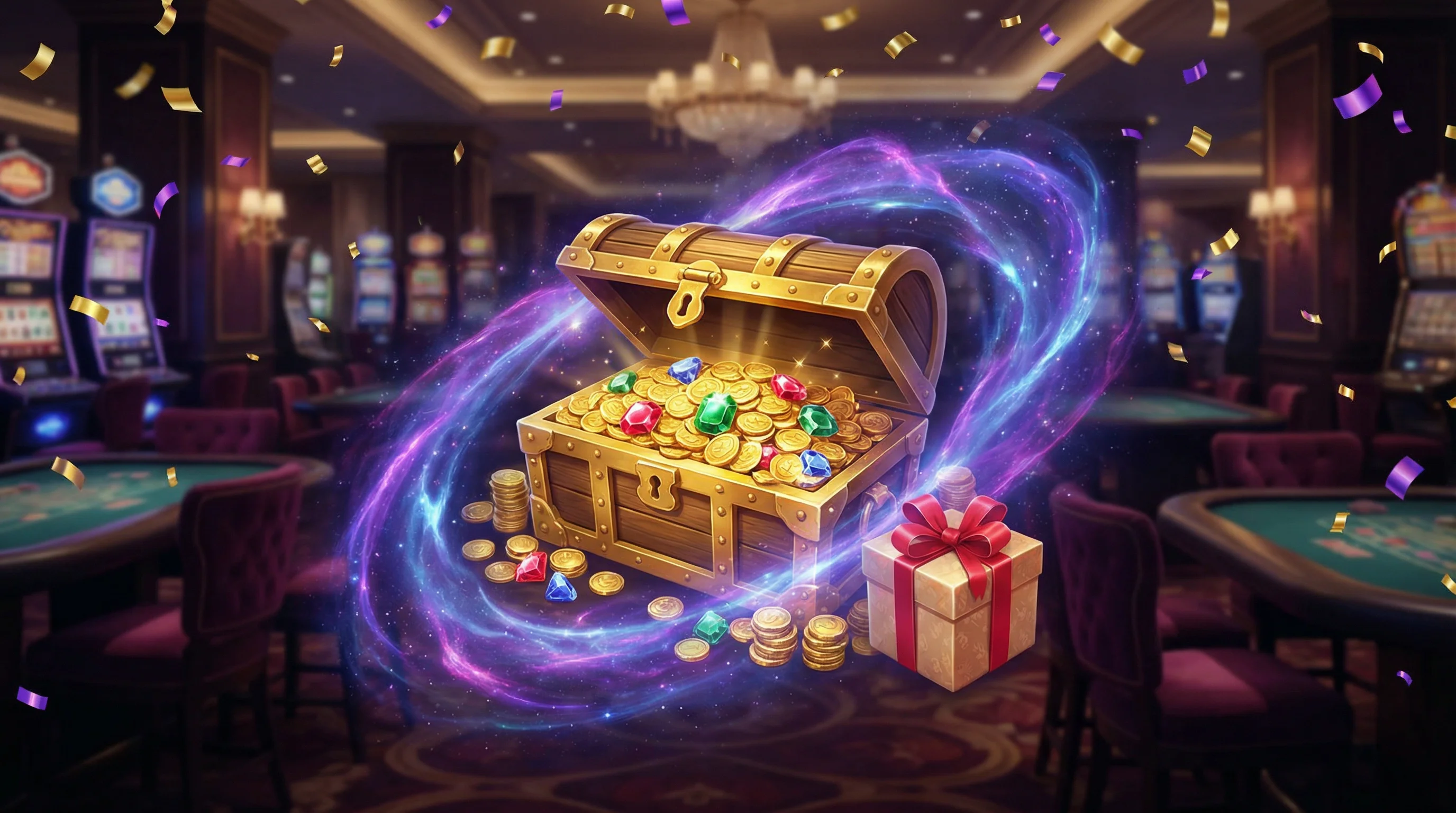 Baú de tesouro com moedas e presentes representando bônus do cassino